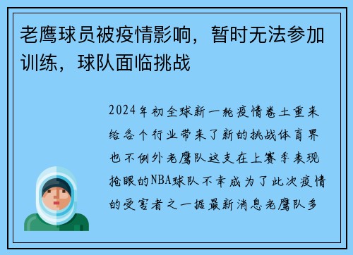 老鹰球员被疫情影响，暂时无法参加训练，球队面临挑战