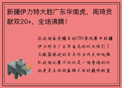 新疆伊力特大胜广东华南虎，周琦贡献双20+，全场沸腾！