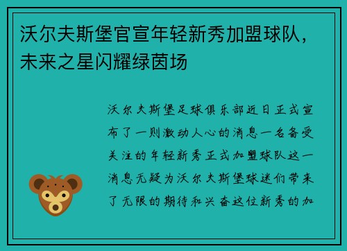 沃尔夫斯堡官宣年轻新秀加盟球队，未来之星闪耀绿茵场