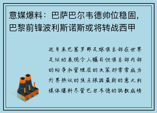 意媒爆料：巴萨巴尔韦德帅位稳固，巴黎前锋波利斯诺斯或将转战西甲