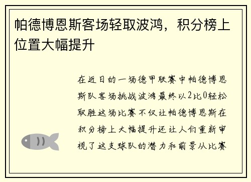 帕德博恩斯客场轻取波鸿，积分榜上位置大幅提升